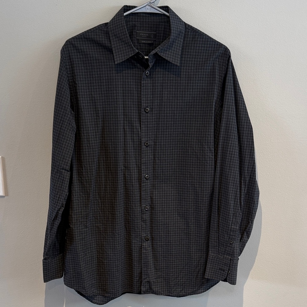 Prada Men's Black Checkered Button-Down Shirt